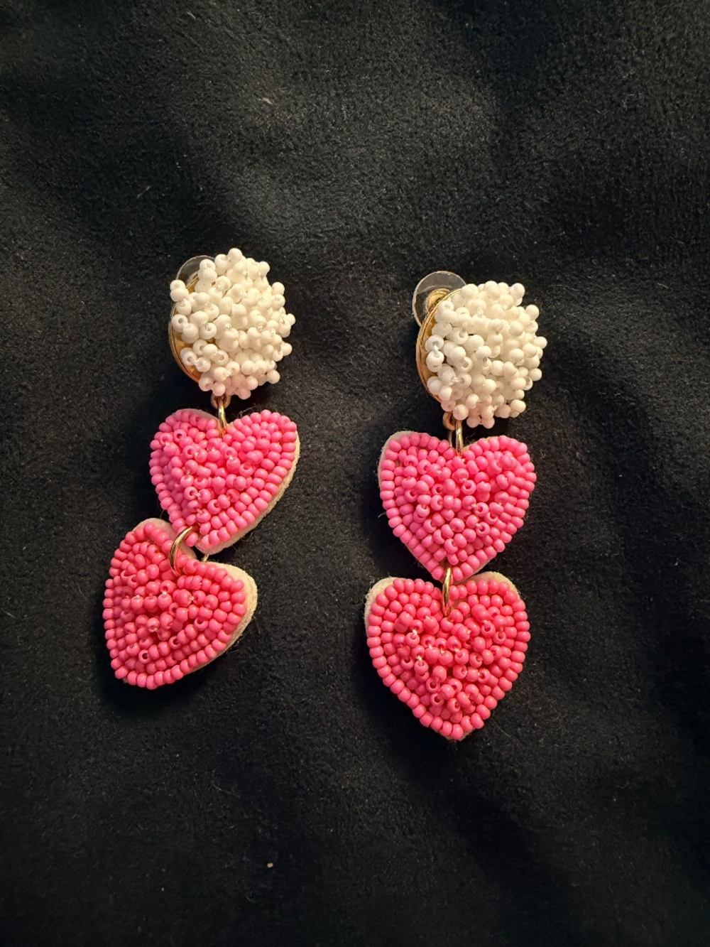 Beaded pink and white heart earrings